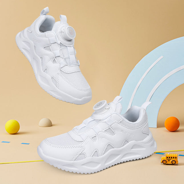 Children's Rotating Button Campus White Shoes 2023 Summer Mesh Breathable Sneakers for Older Kids Lightweight Running Shoes