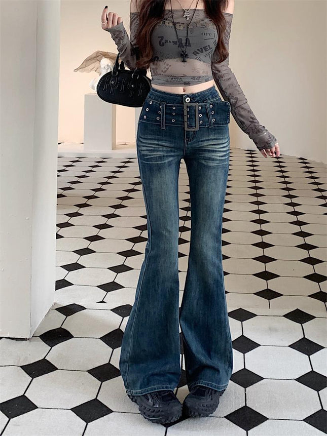 Vintage Gradient Flared Jeans for Women, Autumn Design, American Style, High-Waisted, Stretchy, Slim-Fit, Floor-Length Pants