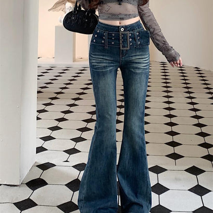 Vintage Gradient Flared Jeans for Women, Autumn Design, American Style, High-Waisted, Stretchy, Slim-Fit, Floor-Length Pants