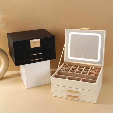 Cross-border PU three-layer cosmetic mirror with LED light high-end jewelry box earring ring necklace bracelet princess jewelry box