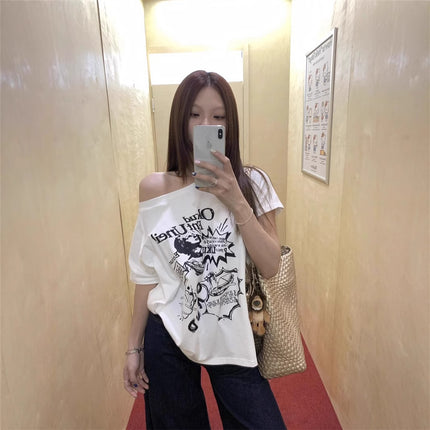 Summer Women's Tops Short-Sleeved Women's T-Shirt Clothes One-Shoulder High-End Cute Printed Short-Sleeved T-Shirt Custom Group Uniform