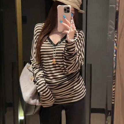 Lazy and Relaxed Stripesd Sun Protection Long-Sleeved Blouse for Women Summer Niche Design Loose Casual Versatile T-Shirt Top
