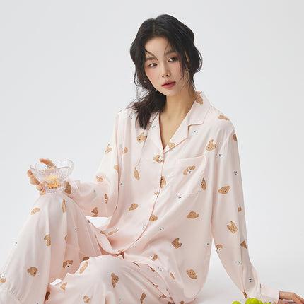 Bow Dog Cartoon Sweet Cute Wind Women's Pajamas Ice Silk Early Spring Comfortable Long Sleeve Home Clothes