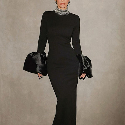 European and American Bandage dress Cross-border New Round Neck Nail Drill Horn Sleeve Temperament Waist Long Sleeve Women's Split Long Dress