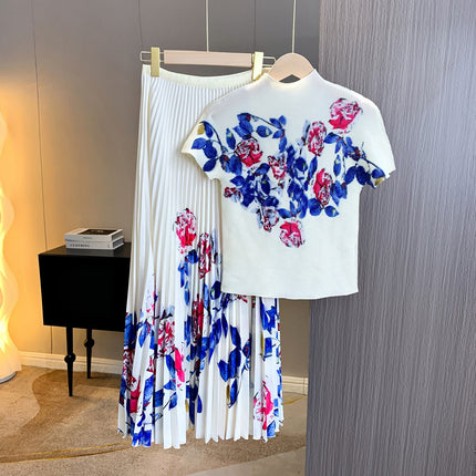 Cross-border T-shirt Women's Summer New High-end Niche Age-reducing suit Pleated All-match Top Loose Slimming Pleated Skirt