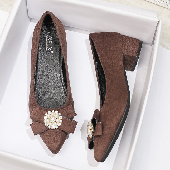 Women's Shallow Slip-On Shoes, 2026 Spring/Summer New Style, Suede with Rhinestones, Comfortable Pointed Toe High Heels, Chunky Heel Loafers