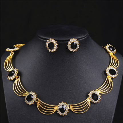 Cross-Border Gemstone Necklace, Artistic Retro Medieval Court Jewelry, Fan-Shaped Aesthetic Internet Celebrity Style Necklace and Earrings Set