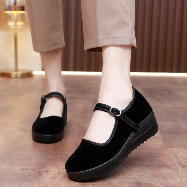 Old Beijing Cloth Shoes Women's Height Increasing Thick-soled Work Shoes Platform Sole Mother Women's Single Shoes Comfortable Non-slip Hotel Work Shoes
