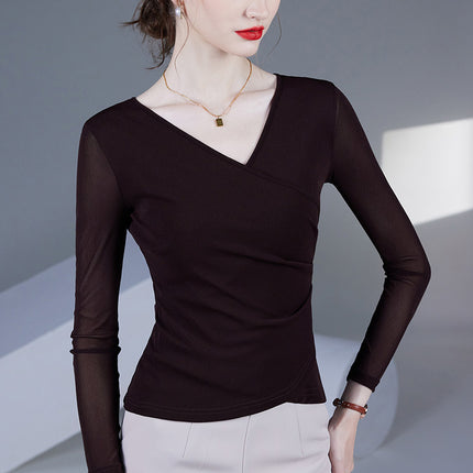 2025 Spring and Autumn New Cross V-Neck Mesh Bottoming Shirt Thin Long-Sleeved Top Women's Waist Covering Belly Fashionable Small