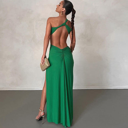 European and American style crossbody dress solid color pullover sexy backless evening dress long socialite style split skirt foreign trade
