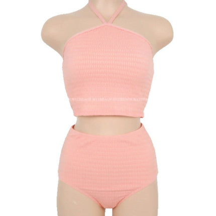 Summer New Split Swimsuit, Halterneck, Strappy Crop Top, High-Waisted Pleated Short Skirt, Three-Piece Swimsuit Set