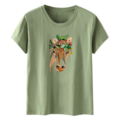 Amazon a generation of hair with green flowers horse head printed loose European and American printed ladies casual T-shirt women's jacket
