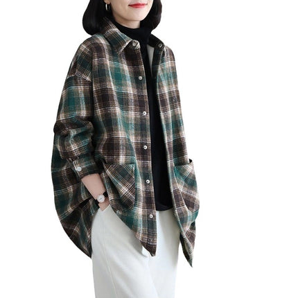 Vintage Plaid Coat Shirt Women's Loose Fashion Western Style Slim fleece-lined Thickened Scrub Lapel Cardigan Top