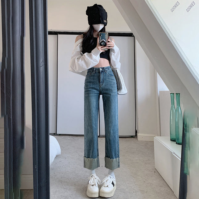 High waist fleece-lined retro curling jeans for women 2023 autumn and winter new small slim straight pipe pants