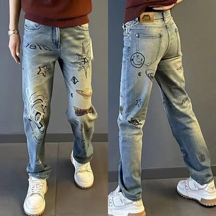 Men's Jeans Hand-Painted Spray High-End Trendy Brand 2025 Handsome Straight Light Blue Trendy Men's Casual Pants