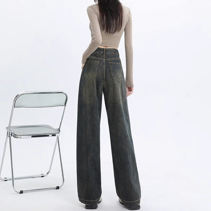 Cement Grey Wide Leg Jeans Women's Spring and Autumn Fashion All-match New High Waist Slimming Pleated Casual Floor Trousers