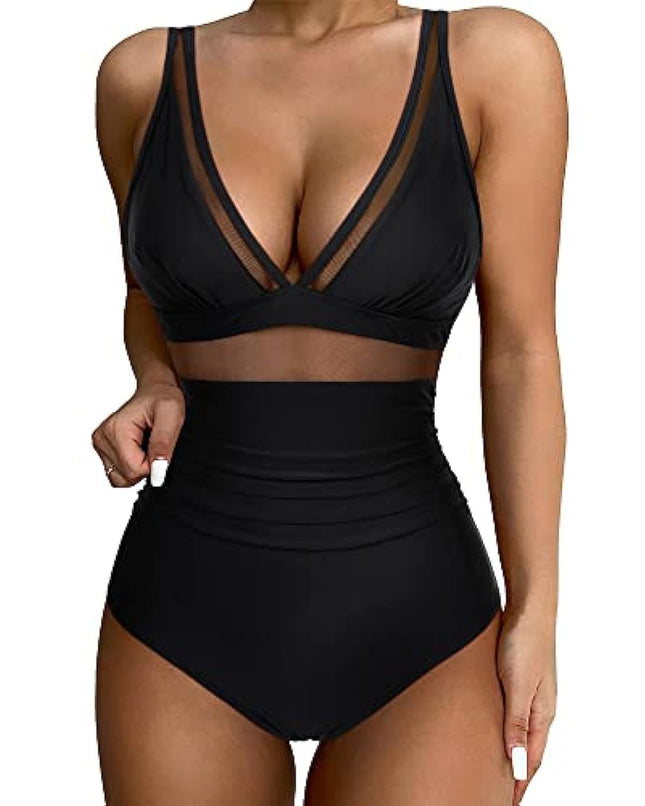 European and American Cross-border Explosions Women's Sexy Hollow Mesh Deep V Gather Perspective Bikini Bikini