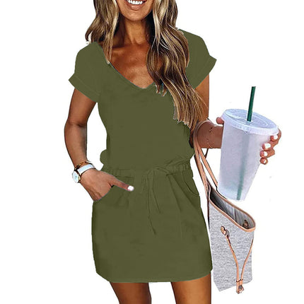 Women's Colorful Striped Printed V Neck Short Sleeve Drawstring Elastic Waist Pocket Pullover Dress