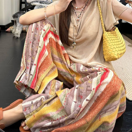 25 Summer "Rainbow Kingdom" Lazy Colorful Striped Thin Summer Wide-Leg Straight Pumpkin Women's Pants