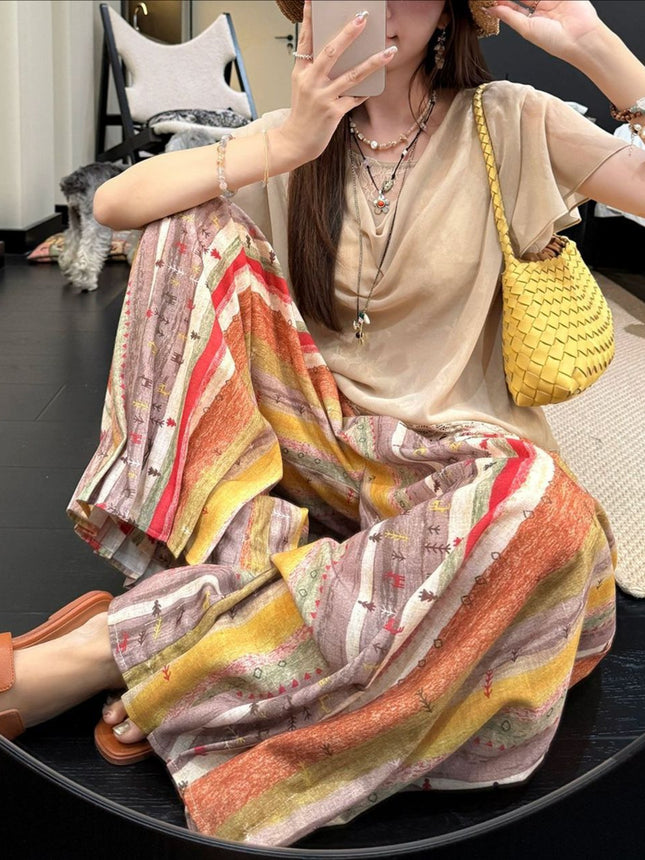 25 Summer "Rainbow Kingdom" Lazy Colorful Striped Thin Summer Wide-Leg Straight Pumpkin Women's Pants