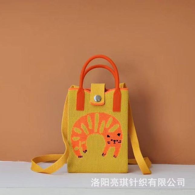 New Woven Simple Fashion Mobile Phone Bag Cute Cartoon Cat Knitted Bag Women's Small Square Bag Color Heart