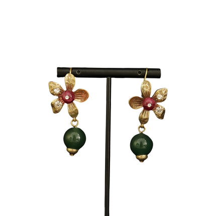 Retro Exquisite Diamond Flower Ear Hook Old Craft Antique Green Glass Pendant Earrings