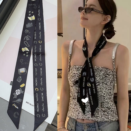 Lined Letter C Puppy Double-Layer Printed All-Match Tie Bag Ribbon Hair Band Ribbon Women's Decorative Small Scarf
