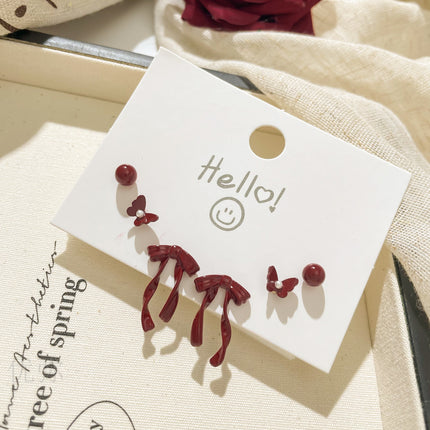 Autumn and Winter Vintage Angora Red Silver Needle Earrings High-end Sense White Exquisite Sweet Elegant All-match Bow Earrings