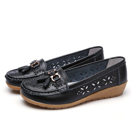 Summer Hollow New Leather Shoes for Middle-Aged and Elderly Mothers, Women's Single Shoes, Bean Shoes, Women's Soft-Soled Wedge-Heeled Clogs, Women's Shoes