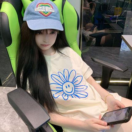 Ins Korean Style Spring and Autum Girls Smiling Face Short-Sleeved T-Shirt Printed Korean Style