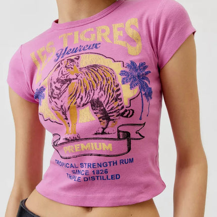 Cross-Border New Summer Round-Neck Tiger Print Short Crop Top Sexy Tight-Fitting Top for Women Slim Fit Summer Quirky Style