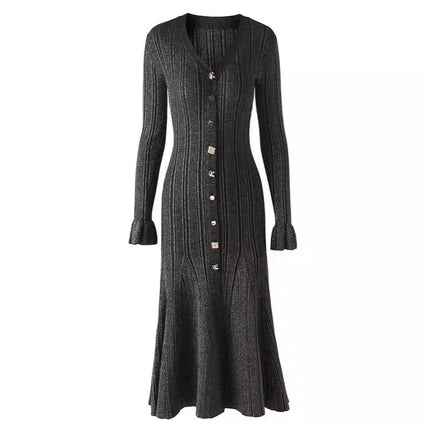 S2026 Spring and Autumn French Style New Women's Fashion European and American Socialite Fine Glitter Line V-Neck Single-Breasted Flared Sleeve Slim Dress