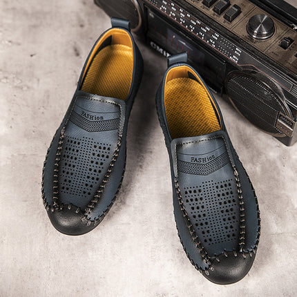 Cross-Border Hot-Selling Spring and Summer New Products Hand-Stitched Casual Men's Shoes Fashionable Hollow Versatile Breathable Genuine Leather Beanie Shoes