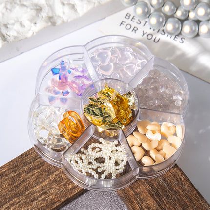 Popular 7-Compartment Plum Blossom Nail Art Accessories Mixed Set with Aurora, Butterfly, Shell, Cartoon Steel Beads, Teddy Bear, and Heart Set for Cross-Border