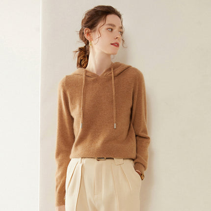 Light Luxury Solid Color 100% Pure Cashmere Hoodie for Women, Versatile for Commuting, Loose Knit Base Hoodie, Loose Fit