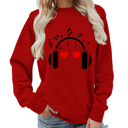 Music Headphones Love Printed Round Neck Women's Top Sweatshirt Foreign Trade Supply Autumn and Winter Coat Casual Loose European Size