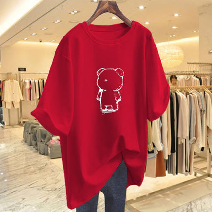 White Long Bear Printed T-shirt Women's Summer 2025 New European plus size Loose Butt Covering Long T-shirt