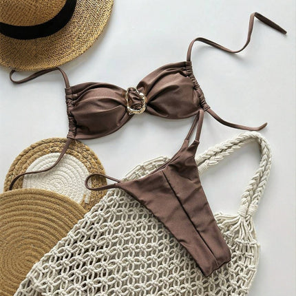 2025 Cross-Border European and American Swimsuit Split Pure Color Glossy Double Fabric Sexy Bikini Bikini Export