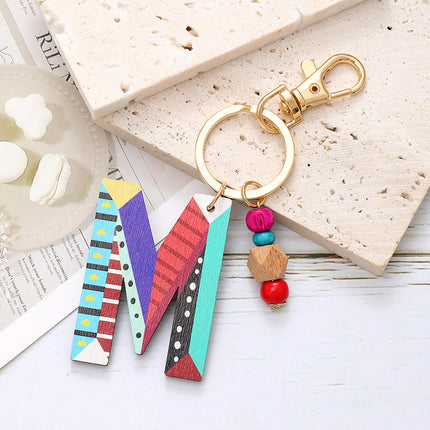 New Holiday Style Color Wooden Beads 26 Letter Keychain Key Chain Bag Hanging Accessories Cross-border Amazon