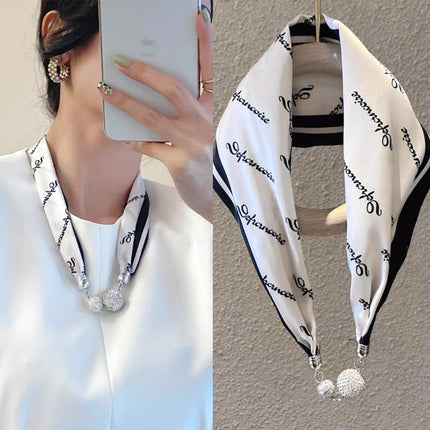 2026 New Magnetic Buckle Small Silk Scarf with Geometric Patterns and Rhinestones, Magnetic Necklace Scarf, Women's Hairband Scarf