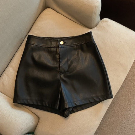 2023 autumn and winter chubby girl black new leather shorts slimming PU shorts high waist casual bottoming outer wear boots pants