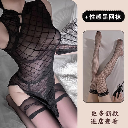 Chinese Cheongsam Pure Wanted Spice Girls Ultra-thin Perspective Sexy Pajamas High Split Hip Skirt Women's High-end Nightdress