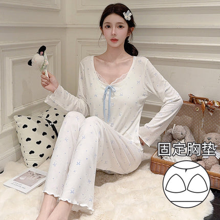 [D] New Spring Long Sleeve Comfortable Draped Bow Lace suit Home Clothes Women's Pajamas