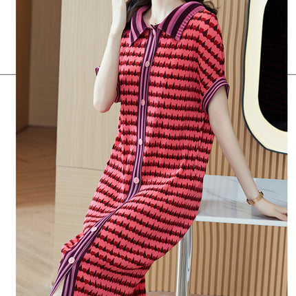 2025 Summer New Tea Break French Style Artistic Girl High Sense Polo Collar Green Striped Fashion Heart dress