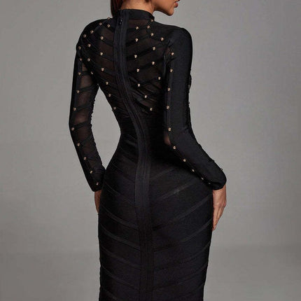 Cross-border e-commerce European and American Foreign Trade women's clothing heavy industry nailing perspective mesh long sleeve dress bandage dress hot sale