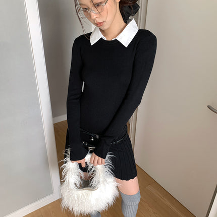 Dorothy Clothing South Korea Fashionable Fake Two-Piece Shirt Collar Academy Style Slim-Fit Stitching dress Pleated Dress for Women