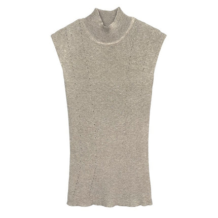 Korean Dongdaemun Elegant Slim Fit Versatile Sexy Figure-Flattering Half-High Collar Sleeveless Knit Top for Women