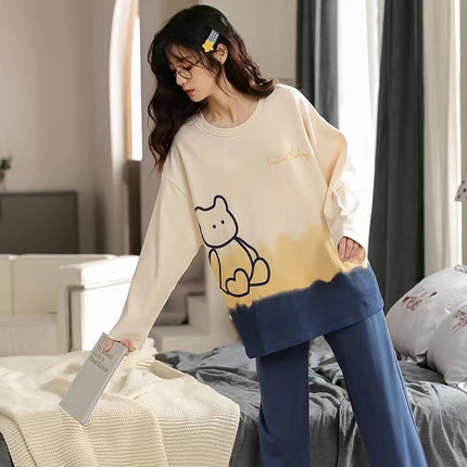 Factory wholesale live fashion spring and autumn cotton pajamas women's cute simple wind long sleeve trousers home clothes suit