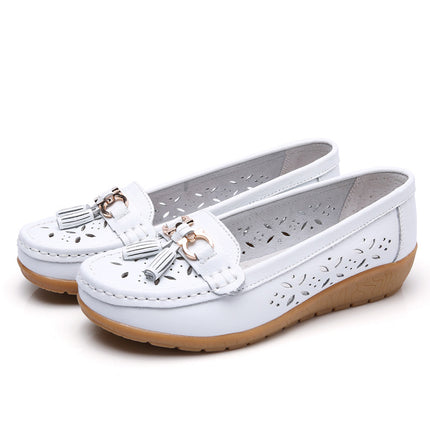 Summer Hollow New Leather Shoes for Middle-Aged and Elderly Mothers, Women's Single Shoes, Bean Shoes, Women's Soft-Soled Wedge-Heeled Clogs, Women's Shoes
