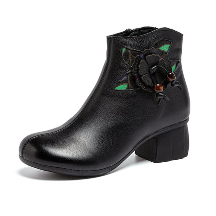 Genuine Leather Boots for Women 2025 Autumn and Winter New Style Thick Heel Soft Sole Fleece-Lined and Cotton Short Boots First Layer Cowhide Flower Women's Boots